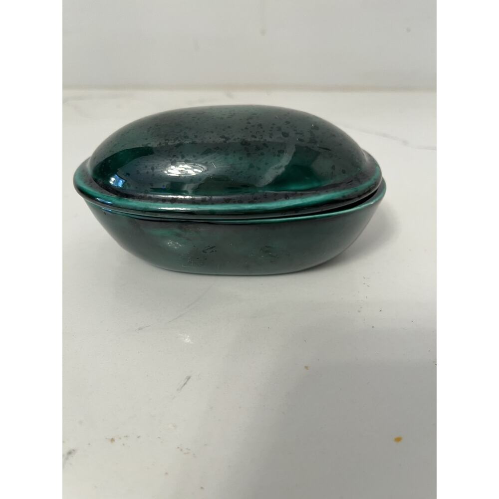 Trinket Box Porcelain Green Glazed with Lid Oval 5"
